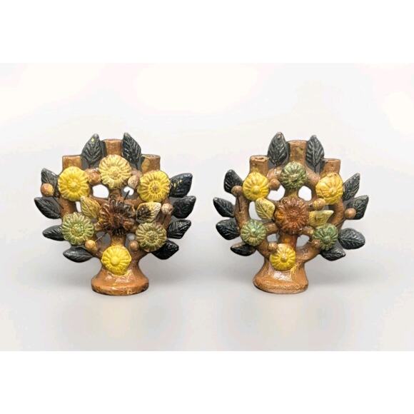 Mexican Folk Art Antique Tree Of Life Mini Candelabra Pottery Birds Leaves PAIR - Picture 1 of 6